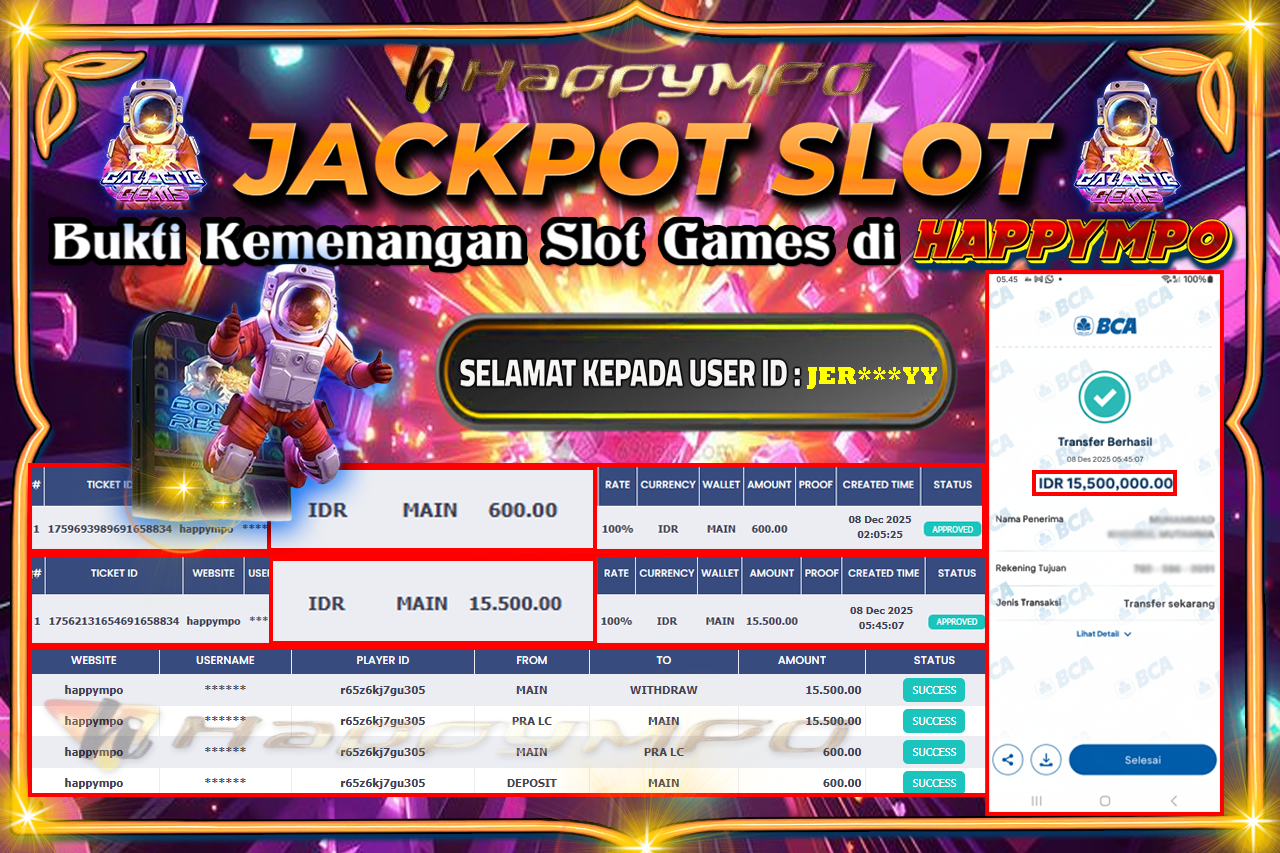 HAPPYMPO JACKPOT SLOT GALACTIC GEMS Rp.15.500.000,- LUNAS